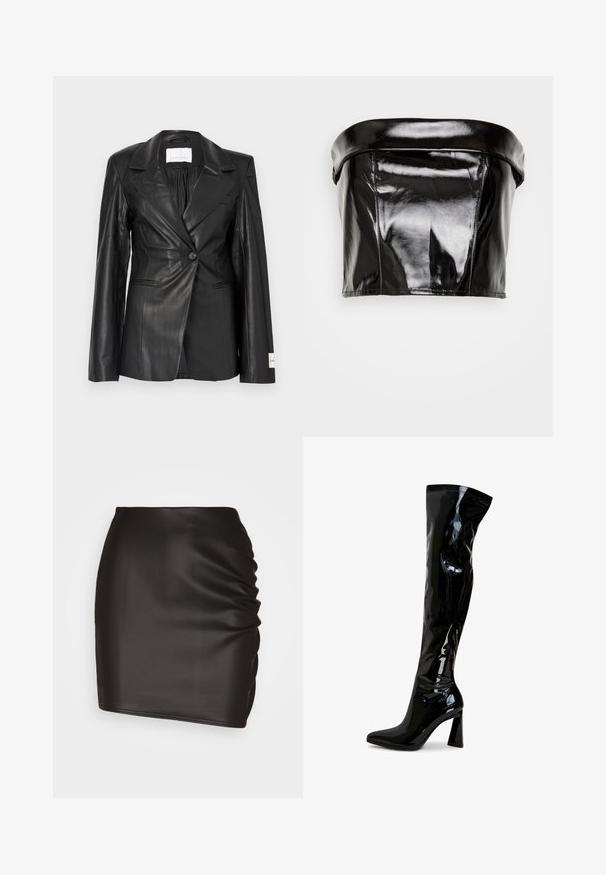 Sort læderblazer med skræddersyet design, enkeltknapslukning, hakkede revers og mærkedetaljer på venstre manchet.; Gina Tricot TUBE - Top - black; Sort mini skirt lavet af glat syntetisk materiale, med rynket detaljer på den ene side og en tætsiddende silhuet.; Sorte laklæderstøvler, der går til låret, med spids snude, firkantet blokhæl og glat, blank tekstur. Ingen synligt hardware.