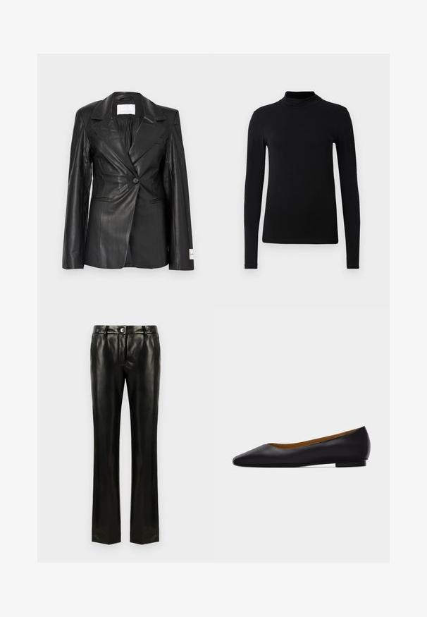 Blazer de cuero negro con diseño entallado, cierre de un botón, solapas con muescas y detalle de etiqueta en el puño izquierdo.; Camiseta negra de cuello alto de manga larga hecha de una tela suave; diseño ajustado con un alto cuello y sin costuras visibles. Color sólido y sencillo.; Pantalones rectos de imitación de cuero negro con cierre de botón y cremallera, trabillas para cinturón y bolsillos laterales, exhibidos sobre un fondo blanco.; Zapato plano de punta puntiaguda de cuero negro con tacón bajo y acabado liso, mostrado de perfil sobre un fondo gris claro.