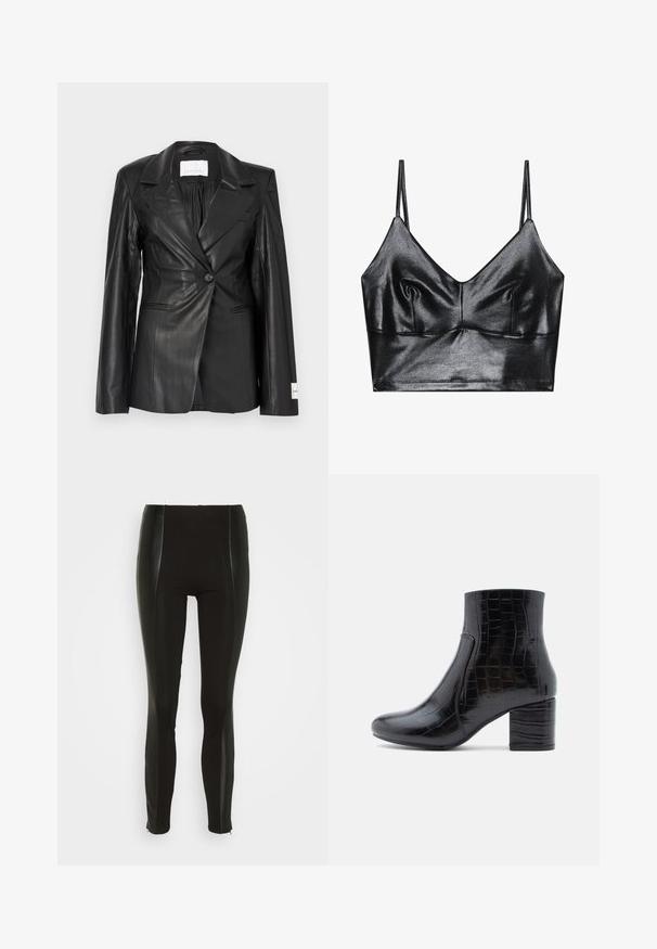 Sort læderblazer med skræddersyet design, enkeltknapslukning, hakkede revers og mærkedetaljer på venstre manchet.; Sorte, skinnende bralette med tynde justerbare stropper, der har en V-udskæring, glat tekstur og subtil samling ved brystet for form.; Sorte leggings med høj talje, der har blanke sidestrimler og skarpe sømdetaljer. Tøjet er strækbart med en glat tekstur.; Sort ankelstøvle lavet af skinnende læder med krokodillepræg. Har en rundet tå og en kraftig blokhæl. Glat tekstur og elegant design.