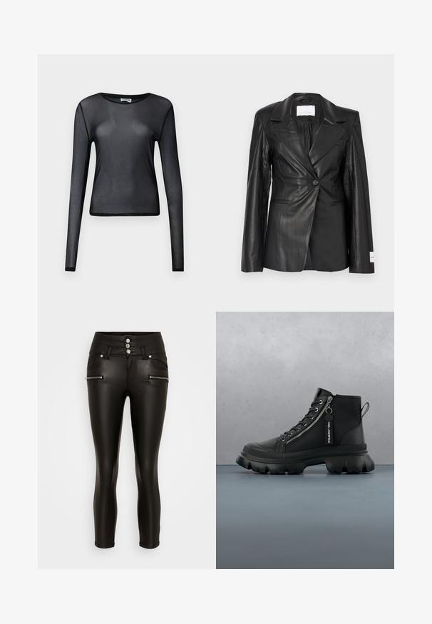 Sort læderblazer med skræddersyet design, enkeltknapslukning, hakkede revers og mærkedetaljer på venstre manchet.; Sort, langærmet, gennemsigtig mesh-top med rund hals og tætsiddende silhuet vist på ensfarvet baggrund.; Vero Moda Petite VMDONNA ZIP COATED - Bukser - black; Sorte ankelstøvler lavet af syntetisk materiale, med en sidelukning i form af lynlås, snørebånd og tykke, rummelige såler. Struktureret overflade og kontrastfarver.