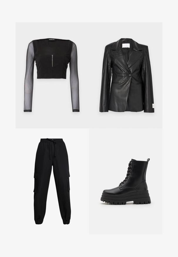 Sort læderblazer med skræddersyet design, enkeltknapslukning, hakkede revers og mærkedetaljer på venstre manchet.; Sort crop top med firkantet halsudskæring, fremstillet i uigennemsigtigt stof med gennemsigtige lange ærmer. Frontlynlås tilføjer detalje til designet.; Sorte cargo-bukser lavet af letvægtsstof, med elastisk talje, snøre og sidelommer. Manchetter ved anklerne fuldender designet.; Sorte læder ankelstøvler med en chunky platformsål, snøre design og metaløjer. Har en strop bagpå for nem påtagning.