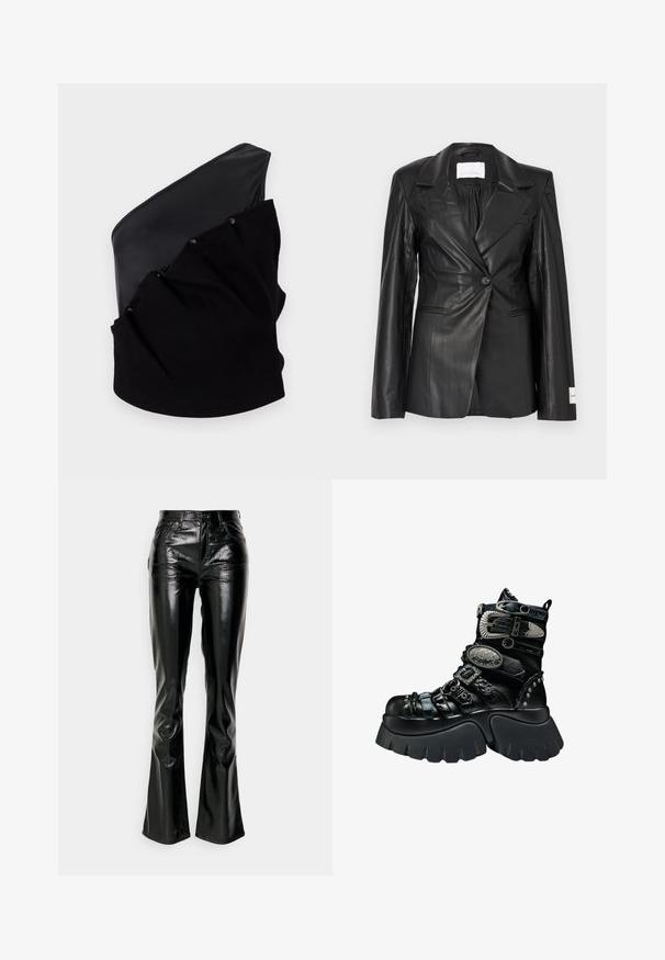 Blazer en cuir noir avec un design ajusté, fermeture à un bouton, revers crantés et étiquette sur le poignet gauche.; Haut asymétrique noir avec un panneau en cuir lisse et un tissu tricoté texturé, doté de détails froncés et de boutons-pression.; Gap Tall STRAIGHT PATENT - Pantalon classique - true black; Botte plateforme noire avec semelle épaisse, multiples brides texturées, boucles argentées, accents métalliques décoratifs et détails cloutés.