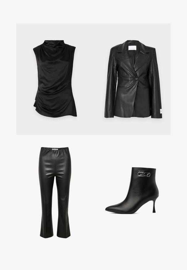 Blazer en cuir noir avec un design ajusté, fermeture à un bouton, revers crantés et étiquette sur le poignet gauche.; Top sans manches noir en tissu lisse, présentant un col drapé, un ourlet asymétrique et un détail de fronces subtil sur le côté.; Pantalon noir en fausse cuir, taille haute, avec ceinture élastique et légère évasement aux ourlets, présenté de face sur un fond blanc.; Bottine en cuir noir avec bout pointu, talon fin et boucle décorative argentée sur le côté extérieur près du haut.
