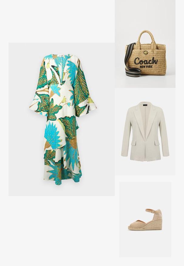Beige op maat gemaakte blazer met inkeping revers, lange mouwen, twee voorflapzakken en een open voorkant.; Lange, vloeiende jurk met een diepe V-hals, klokmouwen en levendige tropische bladvormen in teal, goud en groen op een lichte achtergrond.; Castañer BIANCA - Espadrilles - sand; Geweven rieten handtas met dubbele handvatten bovenaan, zwart geborduurd "Coach New York" logo, gouden hardware en een afneembare gestreepte schouderriem.