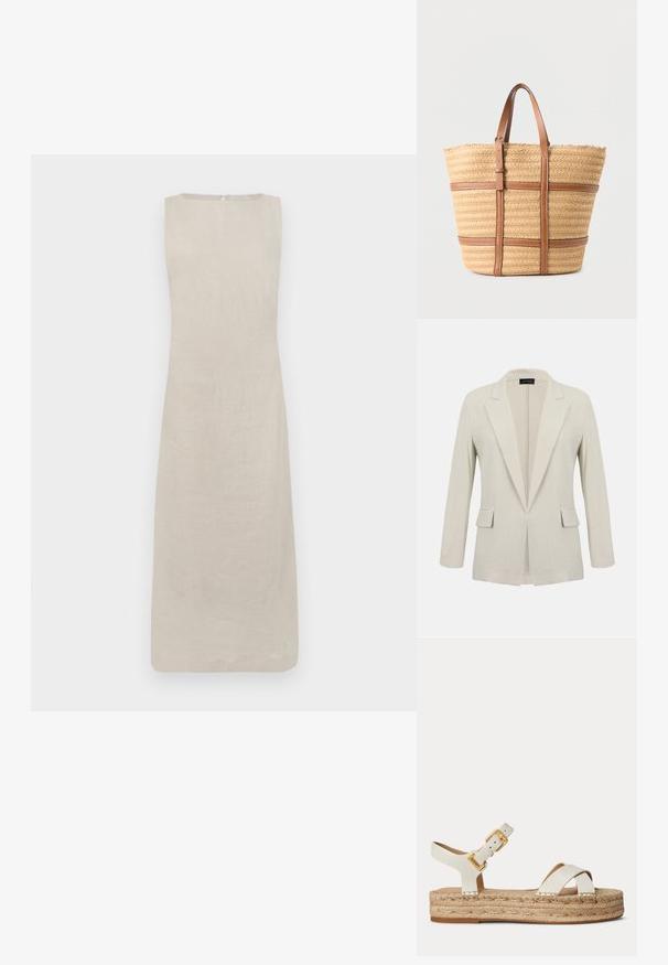 Blazer beige a medida con solapas con muesca, mangas largas, dos bolsillos delanteros con solapa y diseño de frente abierto.; Vestido de lino sin mangas en color beige claro, con una silueta recta y escote redondo, con una cremallera trasera oculta para el cierre.; Sandalia blanca de plataforma de cuero con suela de yute tejida, hebilla dorada en la correa del tobillo y tiras delanteras cruzadas sobre fondo liso.; Bolso tote grande tejido color beige con dos correas de cuero marrón y bandas horizontales de cuero marrón sobre un fondo liso.