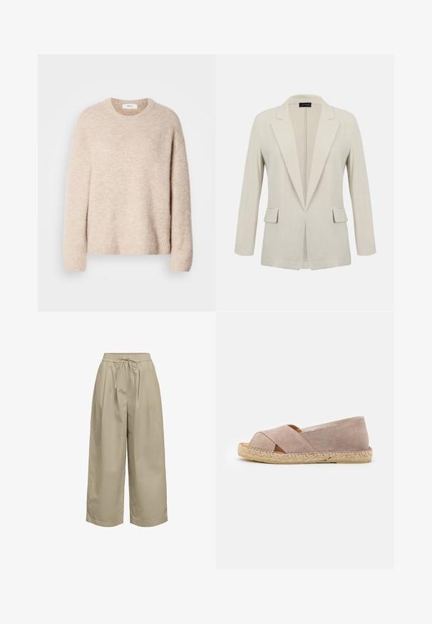 Beige skræddersyet blazer med hakkede revers, lange ærmer, to forlommer med klap og et åbent frontdesign.; Beige strikket sweater med rund hals, lange ærmer og ribkant. Blødt, tekstureret stof med en afslappet pasform.; Løse beige cropped bukser med elastisk talje og snor, lavet af let stof.; Beige suedete espadrille med krydsremme og åbent tådesign. Jutebetrukket sål, flad hæl og glat tekstur.