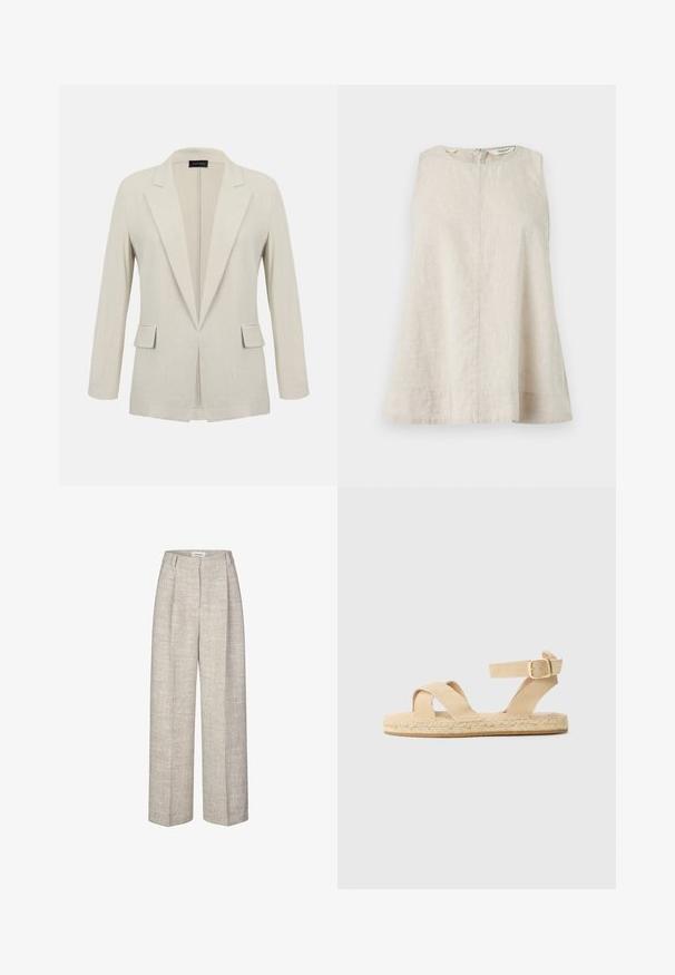 Blazer beige sur mesure avec revers crantés, manches longues, deux poches à rabat à l'avant et un design ouvert à l'avant.; Haut sans manches en lin beige avec col rond et fermeture éclair au dos, coupe ample et texture unie sur fond clair.; Pantalons taille haute gris clair en tissu texturé, avec des jambes larges et deux plis à l'avant. Comprend une fermeture à bouton à l'avant et des passants de ceinture.; Des sandales espadrilles tan avec une semelle en jute tissée, deux sangles croisées et une sangle de cheville ajustable avec une boucle dorée.