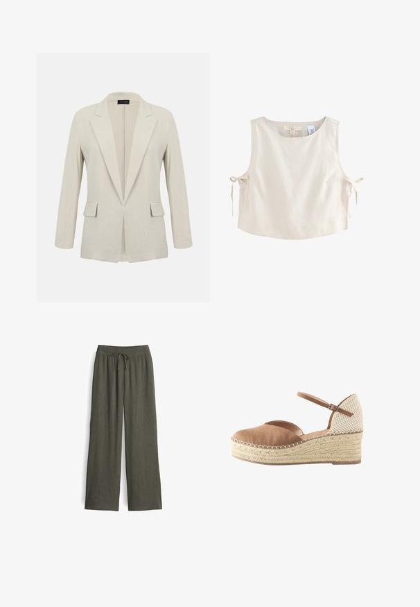 Blazer beige sur mesure avec revers crantés, manches longues, deux poches à rabat à l'avant et un design ouvert à l'avant.; Top court sans manches en lin beige avec col rond et liens latéraux pour un ajustement réglable.; Pantalons longs de couleur olive fabriqués en tissu léger, avec une taille à cordon de serrage, une texture plissée et des jambes larges.; Espadrille à talon compensé avec avant en daim beige, arrière tissé beige, bride de cheville avec boucle, et semelle plateforme en jute tressée.