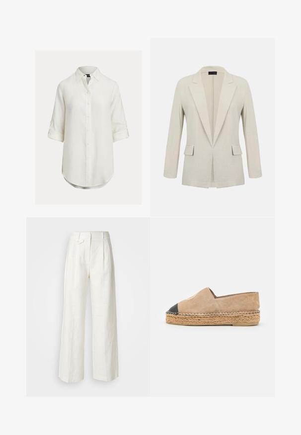 Beige skræddersyet blazer med hakkede revers, lange ærmer, to forlommer med klap og et åbent frontdesign.; Hvid hørskjorte med knaplukning, lange ærmer rullet op, buet kant og klassisk krave. Diskret tekstur, blødt stof.; Hvide linned bukser med brede ben, front folder, en enkelt knaplukning og sidelommer, der har en glat tekstur og struktureret design.; Walk London VENICE FULL - Espadrilles - off white