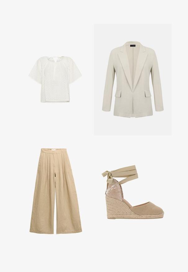 Beige skræddersyet blazer med hakkede revers, lange ærmer, to forlommer med klap og et åbent frontdesign.; Hvid bluse med korte ærmer, et tekstureret rutemønster og en nøglehulslukning med bindebånd bagpå. Fremstillet af letvægtsstof.; Beige, hørbukser med højtaljet og vide ben med læg ved taljen og skjult frontlukning.; Beige espadrille wedge sandal med en tekstureret vævet overdel, snørebånd omkring anklen og en jute-indhyllet platformhæl.
