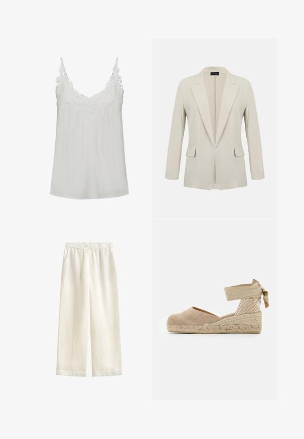 Blazer beige sur mesure avec revers crantés, manches longues, deux poches à rabat à l'avant et un design ouvert à l'avant.; Camisole en satin blanc avec des détails en dentelle le long du décolleté en V et des bretelles réglables. Texture douce et silhouette en A.; GANT BLEND PULL ON PANTS - Pantalon classique - eggshell; Espadrille beige avec une tige en toile, un talon texturé tissé et une semelle en jute tressé ; dispose d'une bride à la cheville pour un maintien sécurisé.
