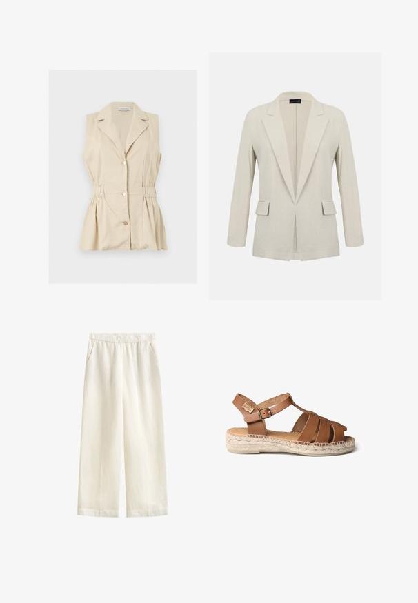 Blazer beige sur mesure avec revers crantés, manches longues, deux poches à rabat à l'avant et un design ouvert à l'avant.; Blouse beige sans manches avec boutons, col et taille cintrée, présentée à plat sur fond blanc.; GANT BLEND PULL ON PANTS - Pantalon classique - eggshell; Sandale en cuir marron avec semelle en corde tressée, présentant un design à lanières, une boucle réglable à la cheville et une texture lisse.