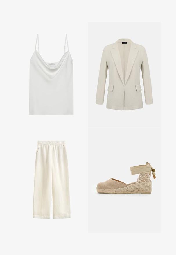 Blazer beige sur mesure avec revers crantés, manches longues, deux poches à rabat à l'avant et un design ouvert à l'avant.; Camisole en satin blanc avec un décolleté drapé, des fines bretelles réglables et une base droite. L'étiquette "ANNA FIELD" est visible à l'intérieur.; GANT BLEND PULL ON PANTS - Pantalon classique - eggshell; Espadrille beige avec une tige en toile, un talon texturé tissé et une semelle en jute tressé ; dispose d'une bride à la cheville pour un maintien sécurisé.