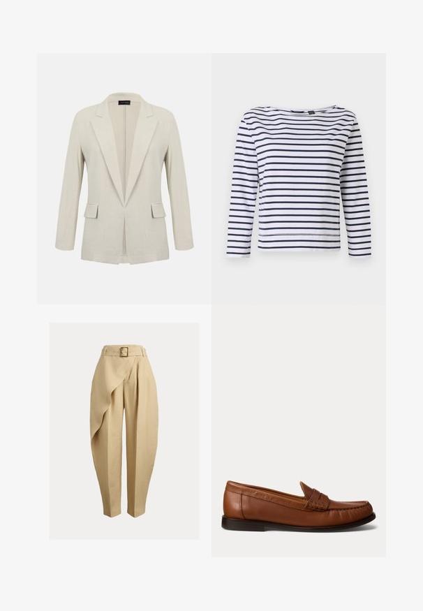 Beige skræddersyet blazer med hakkede revers, lange ærmer, to forlommer med klap og et åbent frontdesign.; Stribet langærmet top i hvid og marineblå, med en bådudskæring og en afslappet pasform. Lavet af blødt bomuldsstof med syede kanter.; Beige hørbukser med bredbenet design, der har en foldet forpanel og et bælte i taljen. Tekstureret stof med plisseringer.; Brun læderloafer med lav sort hæl, mok-tå-syning og en dekorativ rem over toppen, vist mod en hvid baggrund.