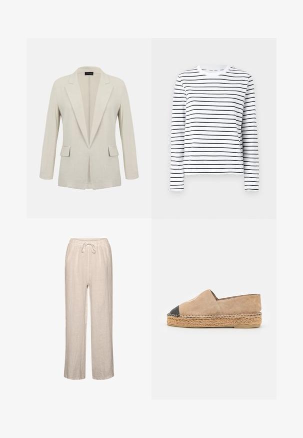 Blazer beige a medida con solapas con muesca, mangas largas, dos bolsillos delanteros con solapa y diseño de frente abierto.; Camisa de manga larga en algodón blanco con rayas horizontales negras. Presenta un cuello redondo y un corte relajado. Sin acentos o patrones notables.; Pantalones de lino en beige claro con cintura elástica y cordón, que presentan un corte relajado y diseño de pierna recta.; Walk London VENICE FULL - Alpargatas - off white