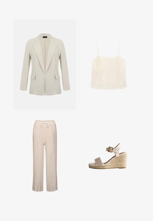 Beige skræddersyet blazer med hakkede revers, lange ærmer, to forlommer med klap og et åbent frontdesign.; Flødefarvet ærmeløs camisole-top med tynde justerbare stropper og en lige halsudskæring på hvid baggrund.; Linnedbukser i lys beige med elastisk talje og snøre, der har en afslappet pasform og lige ben.; Hvide kilehæle med vævet overdæksel og ankelrem. Har en guldbuckle og en tekstureret jute-platform. Glat læderfinish.