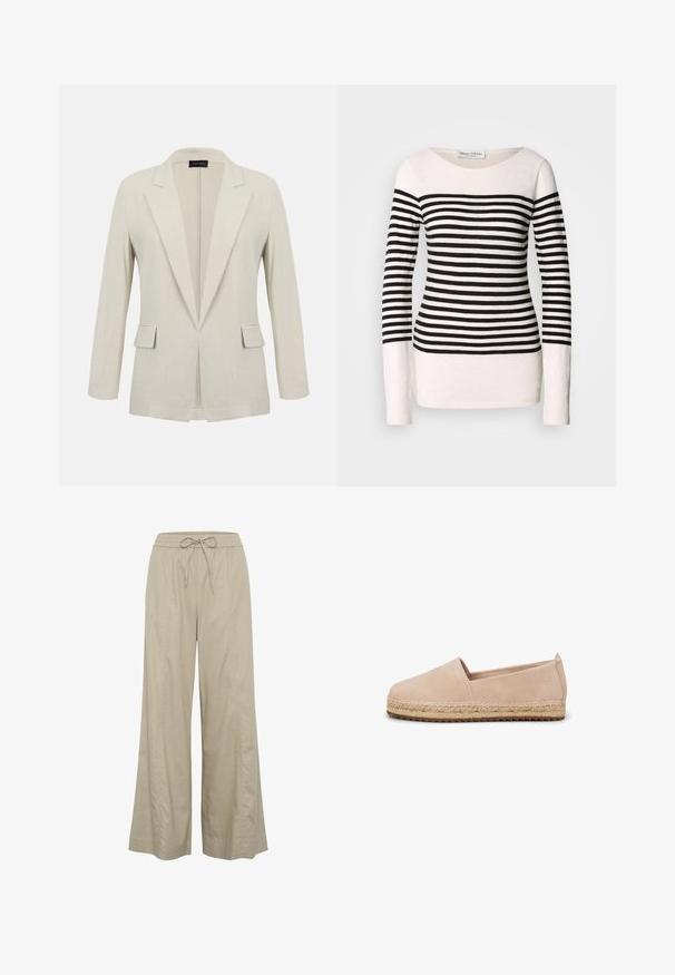 Blazer beige sur mesure avec revers crantés, manches longues, deux poches à rabat à l'avant et un design ouvert à l'avant.; T-shirt à manches longues rayé avec des rayures horizontales noires et blanches, décolleté bateau et silhouette ajustée. Matière en mélange de coton.; Pantalons beige à jambes larges en tissu léger, dotés d'une taille élastique avec cordon de serrage et de poches latérales. Texture lisse, design minimaliste.; Espadrille beige à enfiler avec tige en daim, semelle intermédiaire en jute tressé et semelle extérieure en caoutchouc, présentée de profil sur fond blanc.