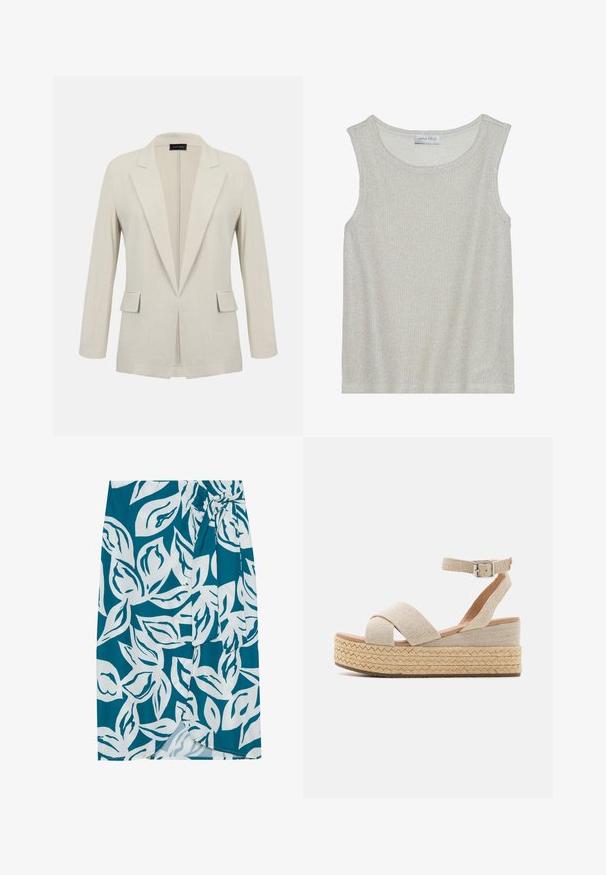 Beige skræddersyet blazer med hakkede revers, lange ærmer, to forlommer med klap og et åbent frontdesign.; Lys grå ærmeløs top med et blødt, tekstureret strikstof. Har en rund halsudskæring og en løs pasform. Mærket læser "ANNA FIELD" indeni.; Teal nederdel med hvidt bladmønster, med en omslagsdesign og bånddetalje i taljen. Glat tekstur med en let glans.; Beige espadrille platform sandaler med vævet tekstiloverdel, krydsede stropper, ankelspænde og struktureret jute-indpakket sål.