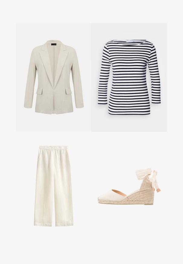 Blazer beige sur mesure avec revers crantés, manches longues, deux poches à rabat à l'avant et un design ouvert à l'avant.; Haut à rayures bleu marine et blanc à manches longues avec un décolleté large et un tissu doux et extensible. Présente des rayures horizontales uniformes sur l'ensemble.; GANT BLEND PULL ON PANTS - Pantalon classique - eggshell; Escarpin compensé en toile beige avec un dos texturé, un ruban de cheville crème et une semelle en jute tressé. Bout arrondi avec un léger talon.