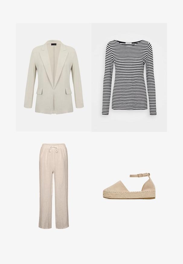 Beige skræddersyet blazer med hakkede revers, lange ærmer, to forlommer med klap og et åbent frontdesign.; Langærmet T-shirt med rund hals, prydet med et sort-hvidt stribet mønster. Fremstillet af blødt stof med regular fit. Renset, minimalistisk design.; Linnedbukser i lys beige med elastisk talje og snøre, der har en afslappet pasform og lige ben.; Beige ruskind espadrille med lukket tå og ankelrem, med vævet jute-mellemsål og flad gummisål. Enkel og minimalistisk design.