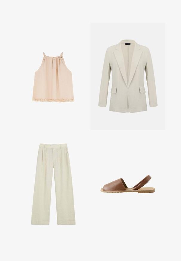 Blazer beige sur mesure avec revers crantés, manches longues, deux poches à rabat à l'avant et un design ouvert à l'avant.; Débardeur rose clair sans manches avec un col froncé, un design fluide et un détail à franges sur l'ourlet, fabriqué en tissu doux et texturé.; Pantalon large crème avec plis, passants de ceinture, poches latérales et fermeture avant dissimulée.; Sandale plate en cuir marron à bout ouvert avec bride arrière et semelle en caoutchouc beige montrée de profil sur fond blanc.