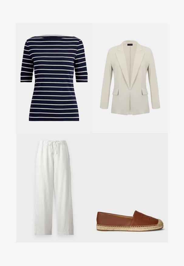 Beige skræddersyet blazer med hakkede revers, lange ærmer, to forlommer med klap og et åbent frontdesign.; Marineblå skjorte med hvide vandrette striber og albuelange ærmer, vist på en ensfarvet lys baggrund.; Hvide løstsiddende linnedbukser med elastisk taljebånd og snøre, vist mod en ensartet baggrund.; Brune læder espadrille flade sko med en vævet jutesål, rund tå og prægede detaljer på overdelen. Glat tekstur med sammenhængende design.