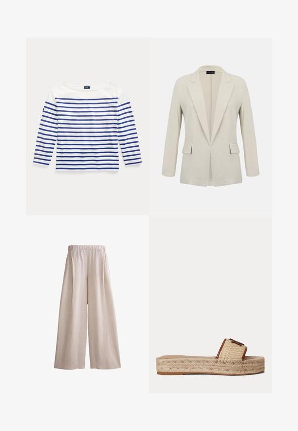 Beiger taillierter Blazer mit Kerb-Revers, langen Ärmeln, zwei vorderen Pattentaschen und offenem Frontdesign.; Langarmshirt aus weißer Baumwolle mit horizontalen blauen Streifen. Verfügt über einen Bootsausschnitt und ein kleines Logoschild am linken Ärmel.; Beige Hosen mit weitem Bein und elastischem Bund, gefertigt aus leichtem Stoff, flach auf weißem Hintergrund dargestellt.; Beige gewebte Slide-Sandale mit dicker geflochtener Plateau-Sohle und braunem Lederrand am Riemen vor einfachem Hintergrund.