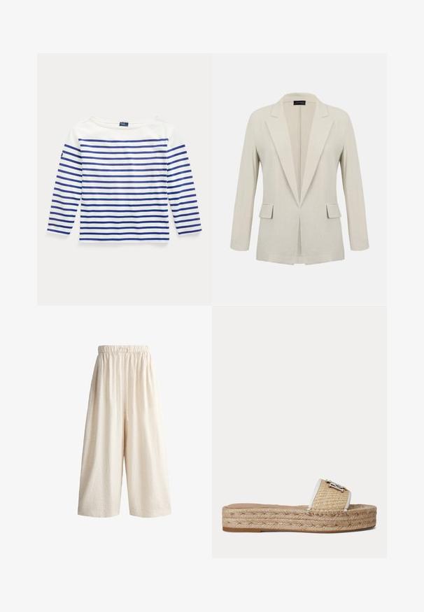 Beige skræddersyet blazer med hakkede revers, lange ærmer, to forlommer med klap og et åbent frontdesign.; Langærmet top i hvid bomuld med vandrette blå striber. Har en bådudskæring og et lille logo-mærke på venstre ærme.; Løse beige linnedbukser med vide ben, elastisk taljebånd og snøre foran, kort længde, ingen synlige lommer eller mønstre.; Flad slidssandal med vævet jutebund og beige tekstureret rem med lille sølv dekorativt emblem.