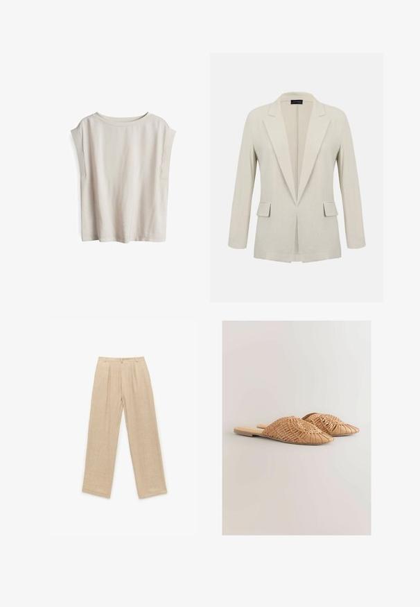 Beige op maat gemaakte blazer met inkeping revers, lange mouwen, twee voorflapzakken en een open voorkant.; Korte mouw licht beige top, gemaakt van zachte stof, met een wijd uitsnijdende halslijn en verlaagde schoudernaden, met een relaxte pasvorm en een minimalistisch design.; Beige linnen broek met een hoge taille, wijde pijpen en voorplooien. Gladde textuur en minimalistisch ontwerp. Geen zichtbare zakken of hardware.; Geweven leren slidesandalen in lichtbruin, met een oversized geweven bovenkant en een platte zool. De spitse neus zorgt voor een strakke uitstraling.