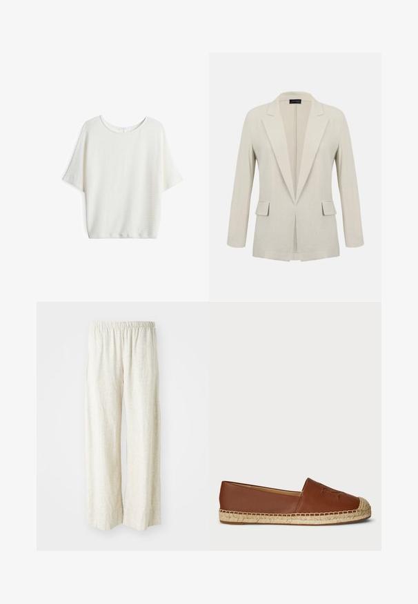 Beige op maat gemaakte blazer met inkeping revers, lange mouwen, twee voorflapzakken en een open voorkant.; Witte top met korte mouwen en een ronde hals, gemaakt van een gestructureerde, geweven stof en met een losse pasvorm, geschikt voor casual kleding.; Linnen wijde broek in off-white met een elastische tailleband, voorzien van een ademende textuur en recht gesneden pijpen.; Bruine leren espadrille flats met een geweven jutesole, ronde neus en een reliëfdetail op het bovenwerk. Glad textuur met een samenhangend ontwerp.