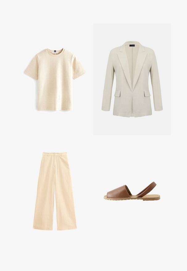 Blazer beige a medida con solapas con muesca, mangas largas, dos bolsillos delanteros con solapa y diseño de frente abierto.; Camiseta de manga corta beige hecha de algodón suave, con un escote redondo y un corte relajado con una textura sutil.; Pantalones de pierna ancha en color beige, fabricados con un material ligero. Cuentan con una cintura alta, cierre de cremallera y bolsillos frontales. Textura suave con un brillo sutil.; Sandalia plana marrón de cuero con punta abierta, tira trasera y suela de goma color cuero claro mostrada de perfil sobre fondo blanco.