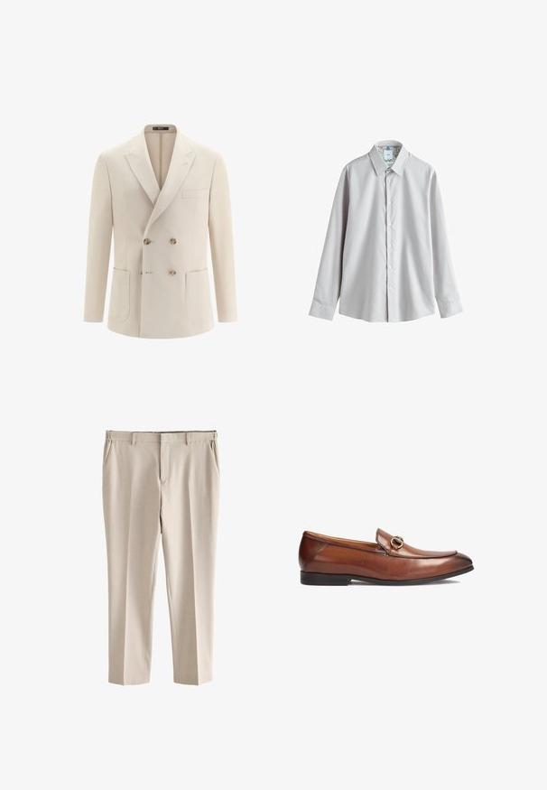 Dobbeltradet beige blazer med brede revers, fire knapper i skildpaddeskal, to påsyede lommer og en brystlomme, vist på hvid baggrund.; Lysegrå skjorte med knapper, struktureret krave, lange ærmer, tekstureret stof og farverigt blomsterprint på indersiden af kraven.; Beige slim-fit bukser med bæltestropper, sidelommer og front lynlås lukning, vist fladt på en hvid baggrund.; Brune læder loafers med rund tå, syningsdetaljer og en dekorativ metalspændeaccent foran. Gummisol.