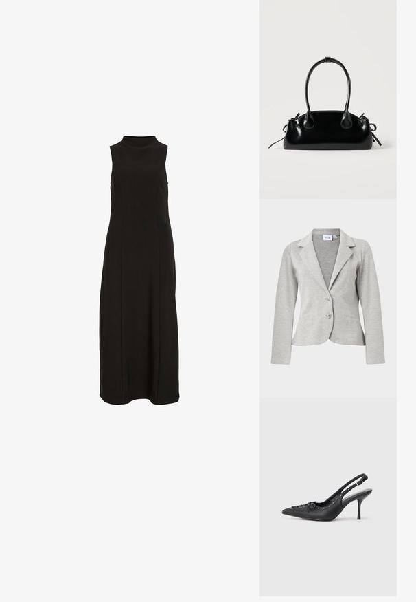 Lichtgrijs damesblazer met ingesneden revers, twee knopen, lange mouwen en twee voorzakken, gemaakt van gestructureerde stof.; Zwarte mouwloze maxi-jurk met hoge halslijn en een rechte, nauwsluitende silhoette.; Zwarte leren slingback stiletto met spitse neus, zijgesp met gesp, studs langs de rand en decoratieve veters aan de voorkant.; Kleine zwarte glanzende handtas met twee lange hengsels en zijkant trekkoord details op een effen lichte achtergrond.