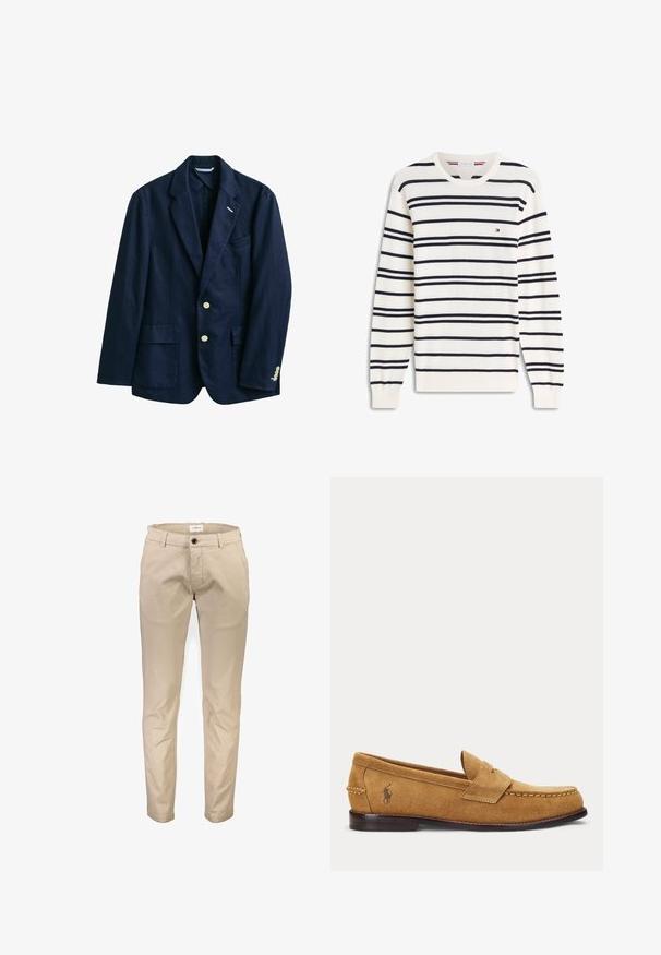 Marineblauer Herrenblazer mit zwei weißen Knöpfen, Stegkragen, zwei Vorderfächern und geknöpftem Ärmelbündchen auf weißem Hintergrund.; Weißer Pullover mit langen Ärmeln und Rundhalsausschnitt, versehen mit schwarzen horizontalen Streifen und einem kleinen Tommy Hilfiger Flaggenlogo auf der linken Brust.; Beige Baumwollhosen mit geradem Bein, ausgestattet mit Vordertaschen, Reißverschluss und einem einzelnen Knopfverschluss. Glatte Textur, ohne Muster.; Hellbrauner Veloursleder-Slipper mit genähten Details und kleinem besticktem Pferde-Logo an der Seite, mit niedrigem Holzabsatz und Schlupf-Design.