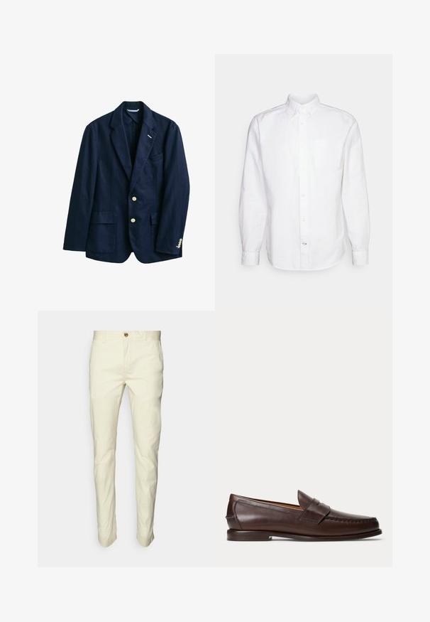Blazer pour homme bleu marine avec deux boutons blancs, revers cranté, deux poches avant et poignets de manches boutonnés sur fond blanc.; GAP STANDARD OXFORD - Chemise - white; Chinos beige clair avec une coupe droite, confectionnés en tissu de coton, dotés d'une fermeture à bouton et de poches avant. Texture lisse, détails minimaux.; Mocassin penny en cuir marron foncé avec des détails de couture et un petit talon empilé, présenté de profil sur un fond uni.