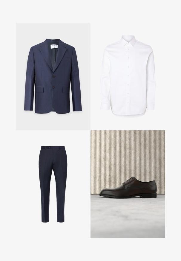 Blazer bleu marine pour homme avec revers à encoche, fermeture à deux boutons sur le devant, poches à rabat et une poche poitrine sur fond uni.; Chemise blanche à manches longues avec col classique et poignets boutonnés.; Boggi Milano BIRD S EYE - Pantalon classique - navy blue; Chaussure habillée en cuir marron avec un bout arrondi, des coutures minimales et une finition lisse. Elle présente un faible talon et un design de laçage simple.