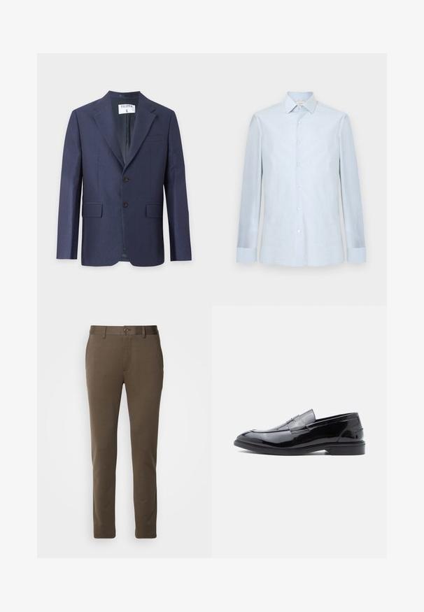 Blazer azul marino para hombre con solapas con muesca, cierre de dos botones en el frente, bolsillos con solapa y un bolsillo en el pecho sobre un fondo liso.; Camisa de vestir de hombre azul claro, de manga larga, con cierre de botones al frente, cuello puntiagudo y patrón cuadriculado sutil.; Pantalones marrones ajustados, hechos de una tela suave, con cierre de botón y trabillas para cinturón, de diseño limpio y corte recto.; Mocasines de charol negro con acabado liso, punta redondeada y detalle decorativo de correa, con perfil bajo y suela de goma.