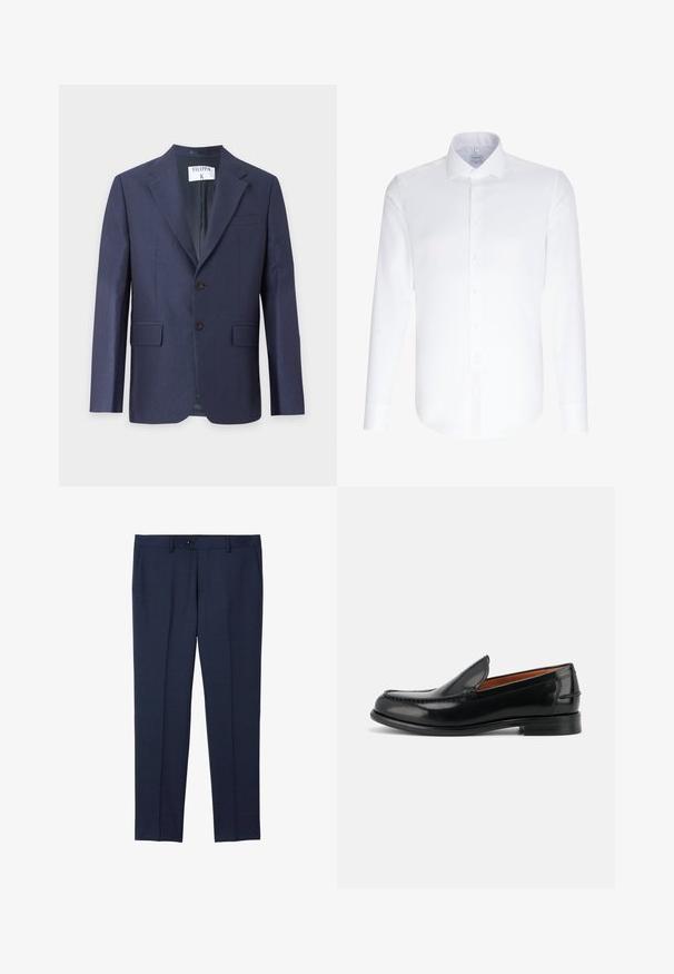 Marineblauwe herenblazer met notch-revers, twee knopen aan de voorkant, klepzakken en een borstpaspelzak op een effen achtergrond.; Witte langsluiting shirt gemaakt van soepel katoen, met een klassieke kraag en knopenlijst aan de voorkant. Geen patronen of accenten zichtbaar.; Marineblauwe, op maat gemaakte broek van een soepele stof. Voorzien van een knoopsluiting, zijzakken en een recht model.; Zwarte gepolijste leren instap loafer met lage hak en gestikte details langs de neus en zijkanten, zijaanzicht.
