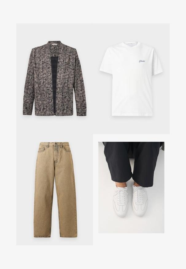Veste à manches longues, ouverte à l'avant, avec un motif beige et noir tacheté et une doublure intérieure visible à carreaux noirs.; T-shirt blanc à manches courtes avec col rond, petit logo bleu cursif "Holzweiler" sur la poitrine gauche.; Jeans en denim beige avec une coupe droite, dotés d'une fermeture éclair, de passants de ceinture et de surpiqûres contrastées. Pas de motifs ou détails métalliques notables.; Baskets blanches en cuir avec une texture lisse, bout rond et système de laçage classique, positionnées au-dessus de pantalons sombres et amples.