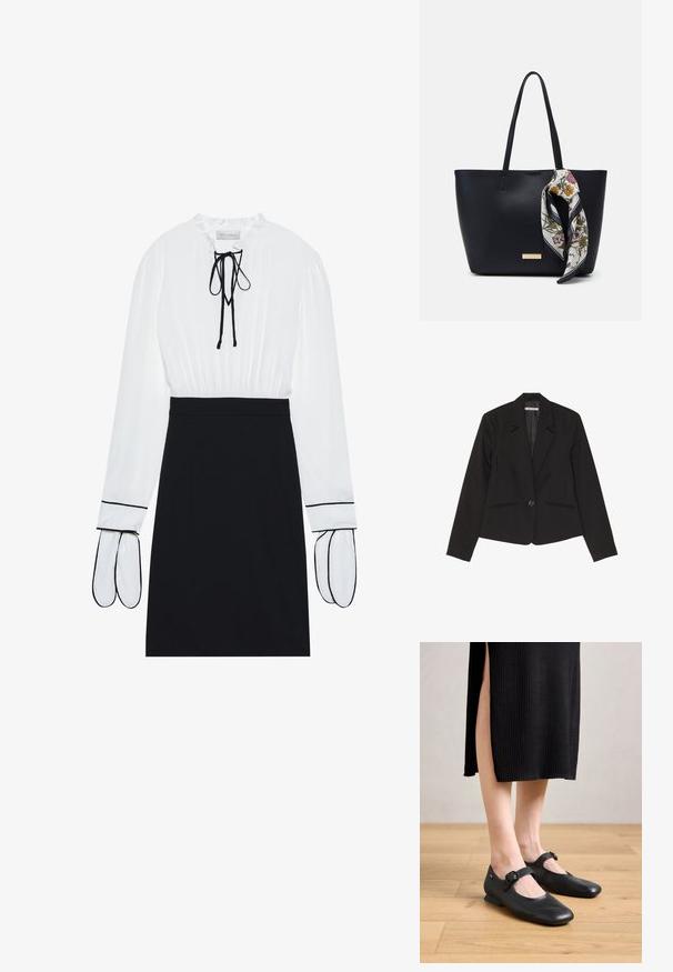 Zwarte blazer van gestructureerde stof, voorzien van een enkele knoopsluiting, notch-klepels en twee voorzakken met subtiele stiksels.; Witte blouse met een geplooide halslijn en trekkoord; zwarte fitted rok met contrasterende witte bies op de mouwen. Glad stoftextuur.; Zwarte leren Mary Jane ballerina's met een klein hakje, met een ronde neus en een zijgesp. Het textuurontwerp verhoogt de visuele aantrekkingskracht.; Zwarte leren tote bag met twee schouderriemen, voorzien van een zijden sjaal met bloemenprint die aan de handgreep is geknoopt en een metallic logo-accent aan de voorkant.