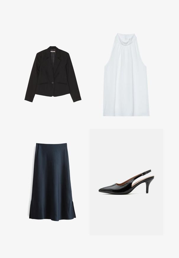 Zwarte blazer van gestructureerde stof, voorzien van een enkele knoopsluiting, notch-klepels en twee voorzakken met subtiele stiksels.; Witte mouwloze top met een hoge hals, gemaakt van zachte stof, met geplooide details bij de halslijn en een verborgen ritssluiting aan de achterkant.; Donker marineblauwe A-lijn rok van een gestructureerde stof, knielang met zijsplitten en een soepele tailleband voor een strakke pasvorm.; Zwarte slingback pump van lakleer met puntige neus en een middelhoge gebogen hak op een witte achtergrond.