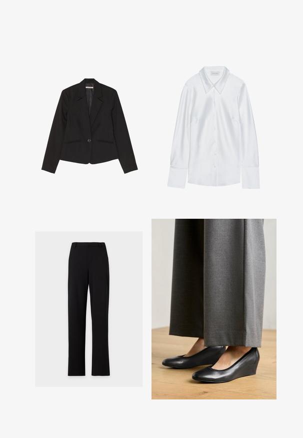 Blazer negro de tejido estructurado, con cierre de un solo botón, solapas de muesca y dos bolsillos frontales con costuras sutiles.; Camisa blanca de manga larga con un collar clásico, que presenta un cierre frontal de botones y una textura suave, fabricada con una tela ligera con un sutil brillo.; Pantalones de vestir negros de corte recto con trabillas para cinturón y sin bolsillos visibles, mostrados sobre un fondo gris claro sencillo.; Zapatos de cuña de cuero negro con punta redonda y textura suave, combinados con pantalones anchos grises, sobre un suelo de madera.