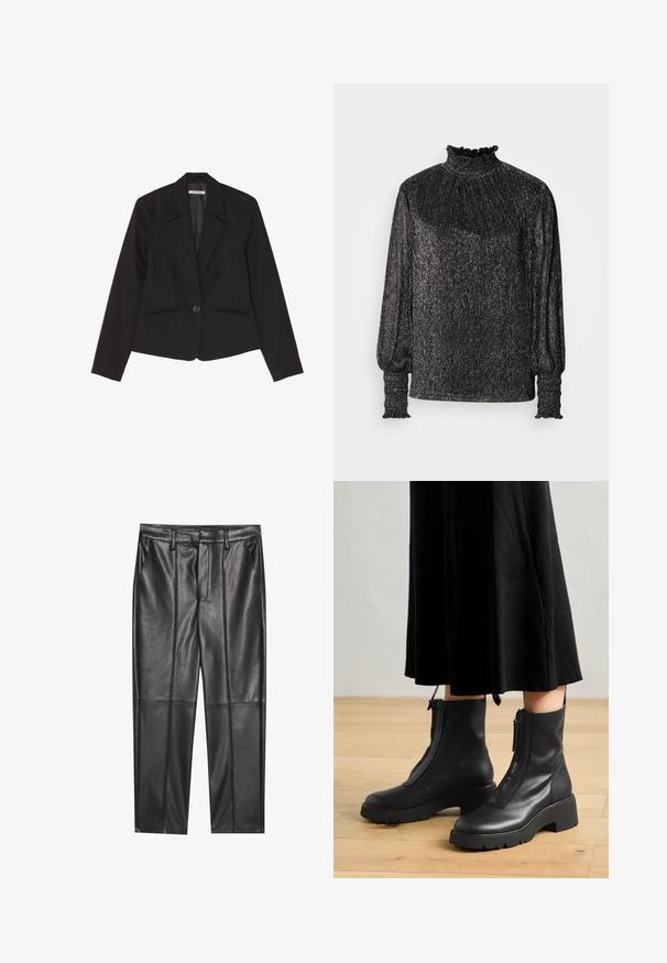 Sort blazer lavet af struktureret stof, med enkelt knaplukning, notched klapper og to forreste lommer med diskret syning.; Sort langærmet bluse med en høj flæsekrave, tekstureret stof og indsamlede manchetter. Har en skinnende, metallisk finish med en afslappet pasform.; Sorte læderbukser med en glat overflade, der har lige pasform, to forlommer og synlige sømdetaljer.; Sorte læder ankelstøvler med en kraftig platformsål og en frontlynlås. Glat tekstur med et minimalistisk design.