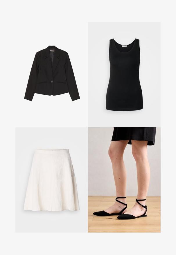 Sort blazer lavet af struktureret stof, med enkelt knaplukning, notched klapper og to forreste lommer med diskret syning.; Sort ærmeløs tanktop, lavet af glat stof, har en klassisk rund halsudskæring og en tætsiddende design. Ingen mønstre eller detaljer.; Hvid linned nederdel med et svævende, A-linje design. Har en glat talje og en let struktur med subtile folder.; Sorte suede flade sandaler med spidse tæer, der har ankelremme, der krydser over, og en spænde lukning. Glat tekstur og minimalistisk design.
