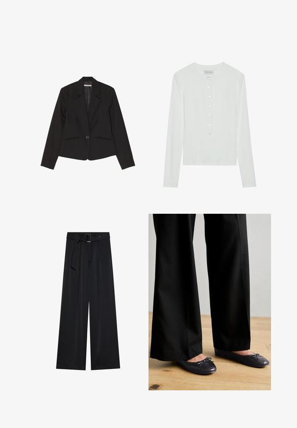 Blazer noir en tissu structuré, doté d'une fermeture à un bouton, de revers crantés et de deux poches avant avec des coutures discrètes.; Haut à manches longues blanc en tissu côtelé, avec un col rond et un devant boutonné comportant six boutons transparents.; Pantalons larges noirs en tissu lisse, dotés d'une taille haute avec une ceinture et un détail de boucle, et des plis avant prononcés.; Pantalons larges noirs avec une surface texturée, associés à des chaussures plates ornées d'un nœud et d'un subtil design en croco embossé noir.