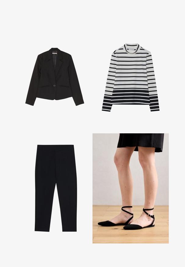 Blazer negro de tejido estructurado, con cierre de un solo botón, solapas de muesca y dos bolsillos frontales con costuras sutiles.; Top de manga larga hecho de algodón, con rayas horizontales en blanco y negro, un cuello alto tipo mock y un corte relajado con aberturas laterales.; Leggins negros hechos de una tela elástica, con una cinturilla elástica y una textura suave. Sin patrones visibles ni detalles de hardware.; Sandalias planas de ante negro con punta afilada, que cuentan con correas de tobillo que se cruzan y un cierre de hebilla. Textura suave y diseño minimalista.