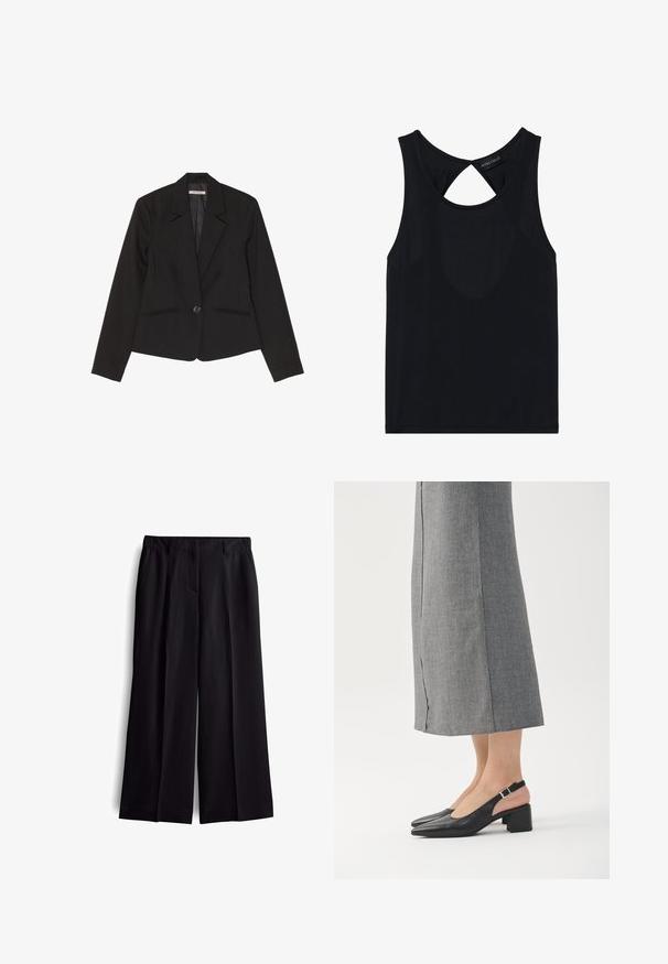 Zwarte blazer van gestructureerde stof, voorzien van een enkele knoopsluiting, notch-klepels en twee voorzakken met subtiele stiksels.; Zwarte mouwloze top met een ronde hals, voorzien van een uitsnede aan de achterkant. Gemaakt van een gladde, rekbare stof. Eenvoudig ontwerp zonder patronen.; Zwarte wijde broek met een zachte textuur, voorzien van voorkruiken en een strak, op maat gemaakt ontwerp. Geen zichtbare sluitingen of patronen.; Zwarte leren slingback schoenen met een puntige neus, blokhak en een contrasterend roze hielaccent. Gladde textuur met een minimalistisch ontwerp.