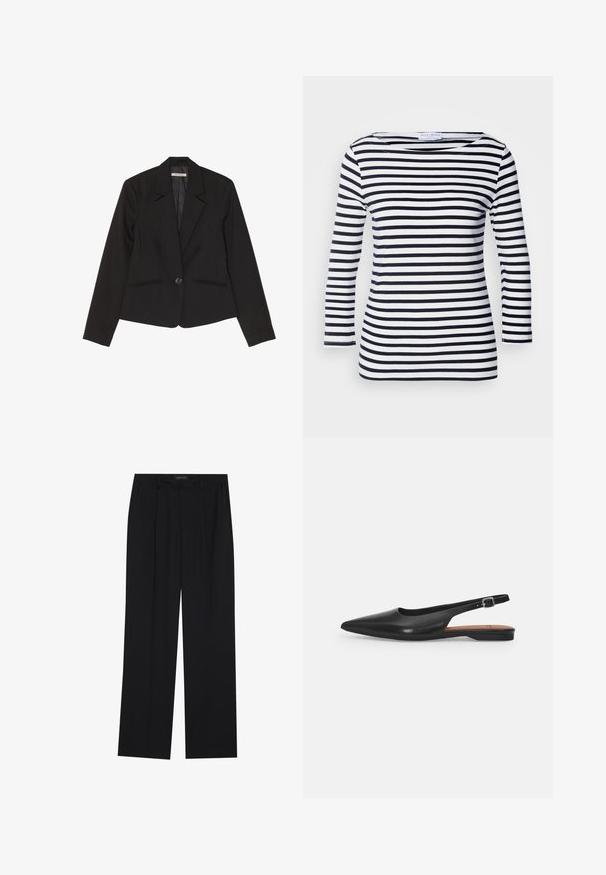 Schwarzer Blazer aus strukturiertem Stoff mit einem einzelnen Knopfverschluss, Reverskragen und zwei Vordertaschen mit subtiler Stickerei.; Langarmshirt mit navy- und weißen Streifen, weitem Ausschnitt und weichem, dehnbarem Stoff. Verfügt über gleichmäßige horizontale Streifen.; Schwarze Hose mit geradem Bein, ausgestattet mit zwei frontalen Taschen und einem Taillenbund. Hergestellt aus einem glatten, leichten Stoff.; Schwarzer Leder Slingback-Schuh mit spitzer Zehenform, subtiler Glanz und verstellbarem Knöchelriemen. Flacher Absatz mit einer braunen Innensohle.
