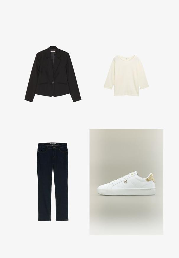 Sort blazer lavet af struktureret stof, med enkelt knaplukning, notched klapper og to forreste lommer med diskret syning.; Lys elfenbenfarvet løs top med trekvartærmer, struktureret stof, rund halsudskæring og lige kant.; Mørkeblå lige ben jeans lavet af denim. Har fem lommer, kontrastfarvet orange syning og en linning med mærkets navn.; Hvid lav sneakers med gyldent hælaccents, hvide snørebånd og "GAP" logo på siden, sat mod en ensfarvet neutral baggrund.