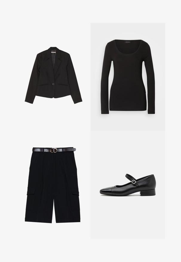 Blazer noir en tissu structuré, doté d'une fermeture à un bouton, de revers crantés et de deux poches avant avec des coutures discrètes.; Haut noir à manches longues avec un décolleté en U, fabriqué en tissu doux et extensible. Présente une forme ajustée et une texture lisse. Étiquette de marque visible.; Shorts cargo noirs en tissu léger, avec une coupe droite, des poches latérales et une ceinture en cuir marron avec une boucle en métal argenté.; Chaussures Mary Jane en cuir noir avec un embout en vernis, une sangle cheville réglable et un petit talon carré. Texture lisse et design élégant.
